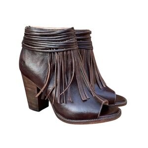 Bed Stu Olivia Brown Rustic Leather Fringe Peep Toe Booties Womens 8 Retail $255
